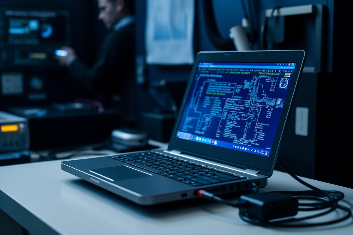 Laptop under maintenance connected to diagnostic hardware