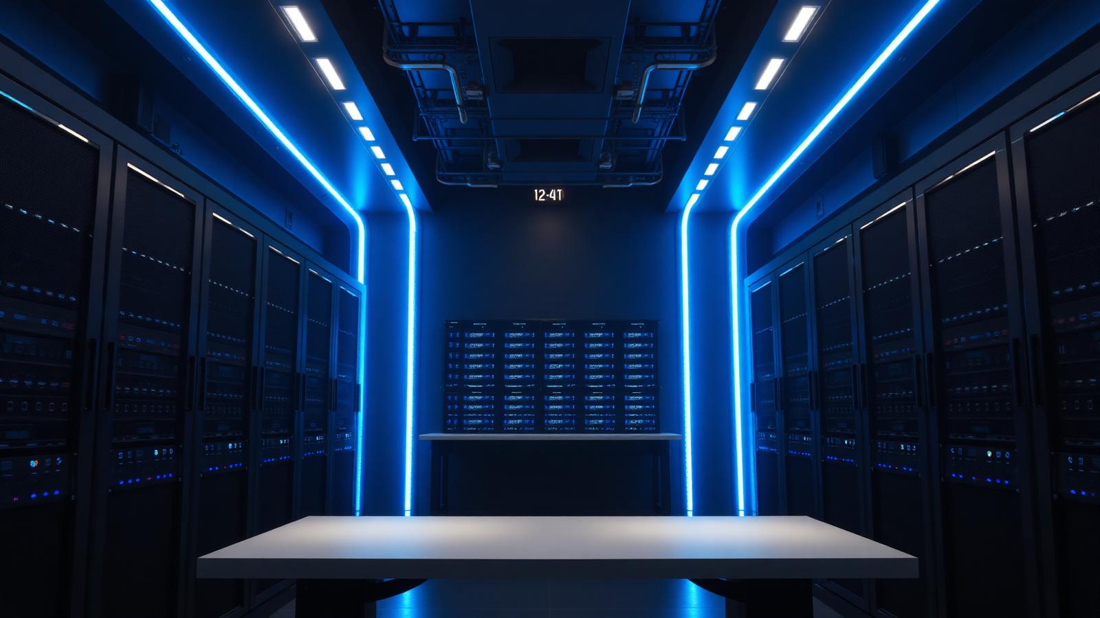 Data centre corridor with server racks illuminated by blue light
