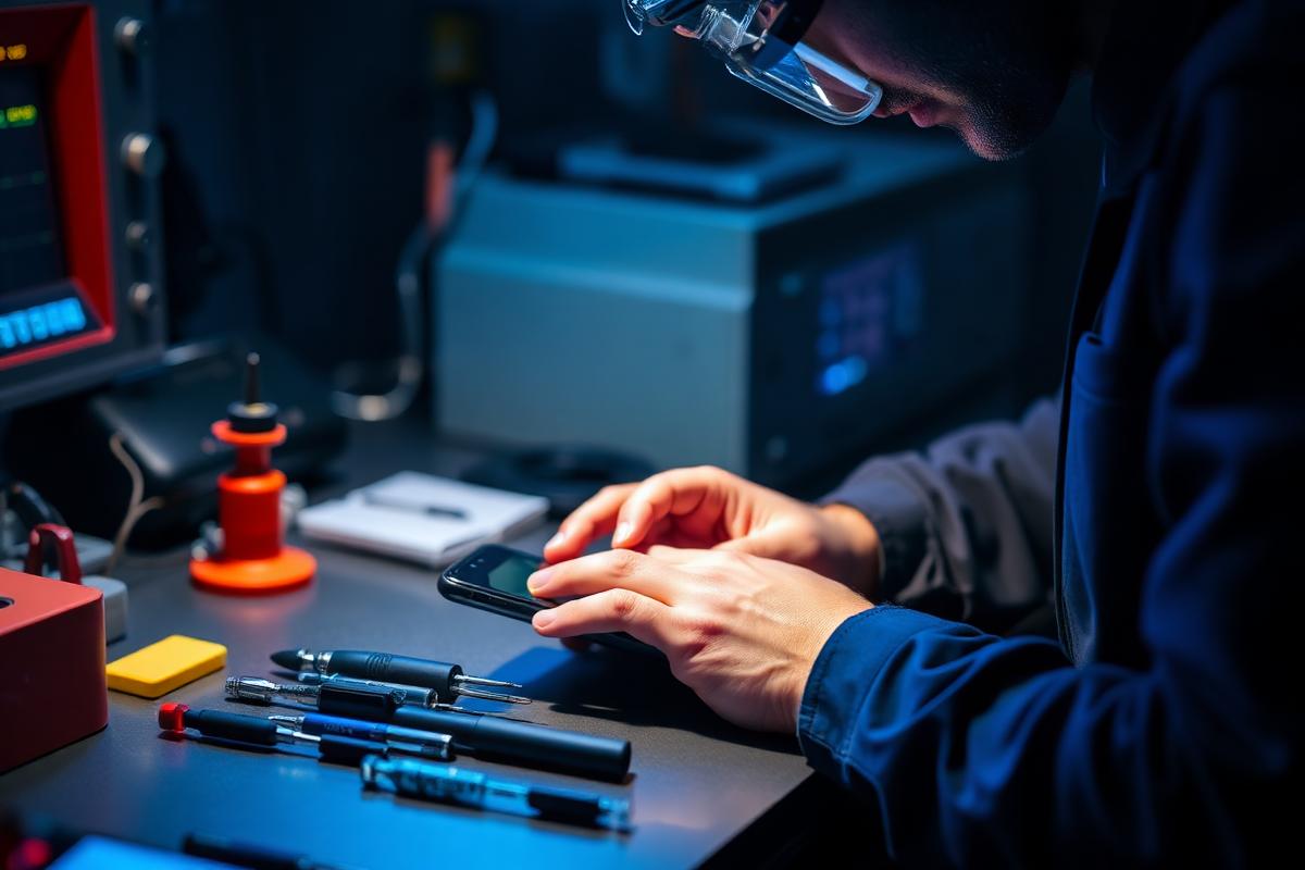Technician performing smartphone diagnostics with precision tools
