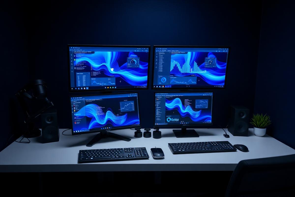 Modern technology workspace with dual monitors showing system dashboards